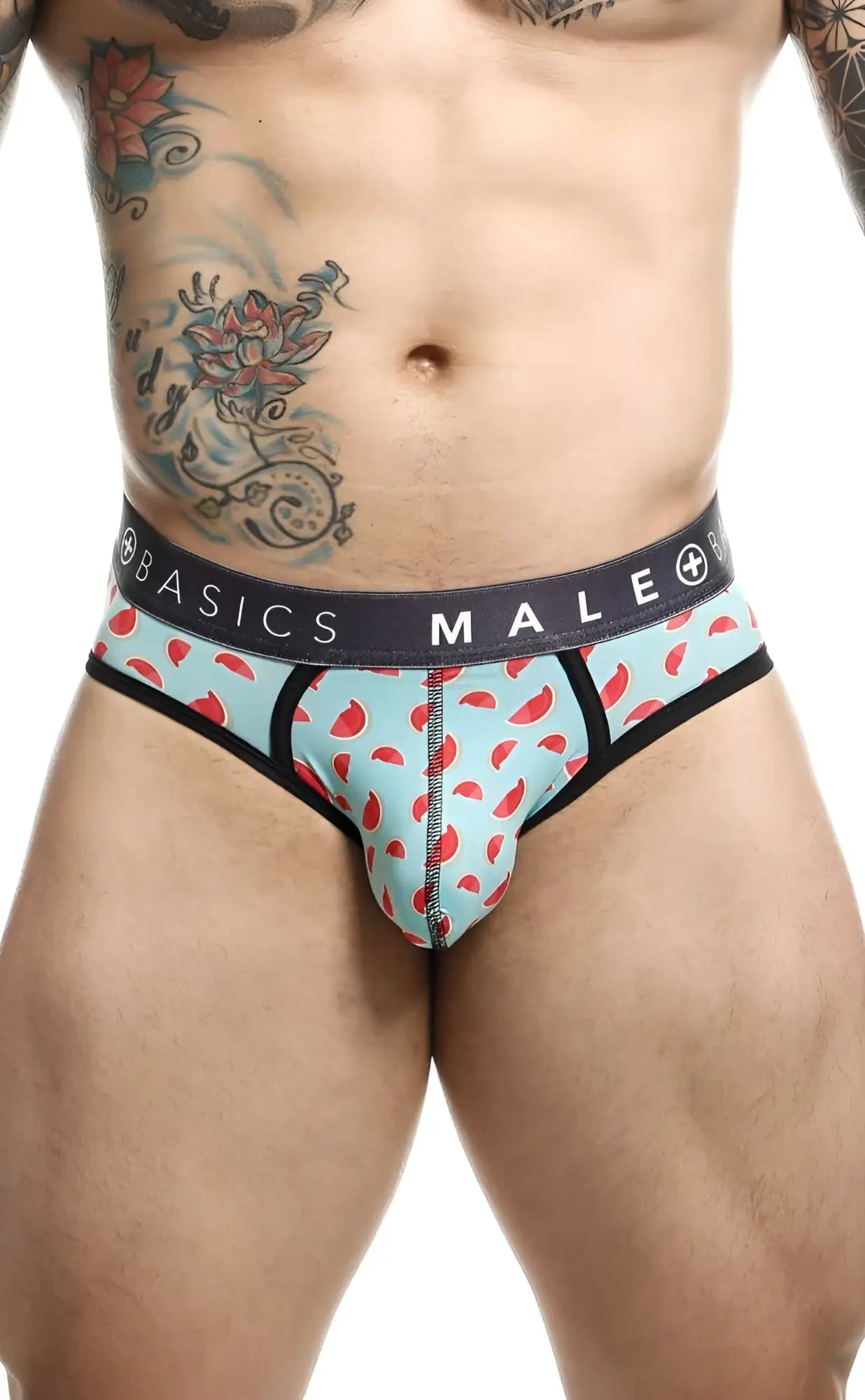 Light blue malebasics brief with watermelon pattern black trim and dark branded waistband sexy pouch design