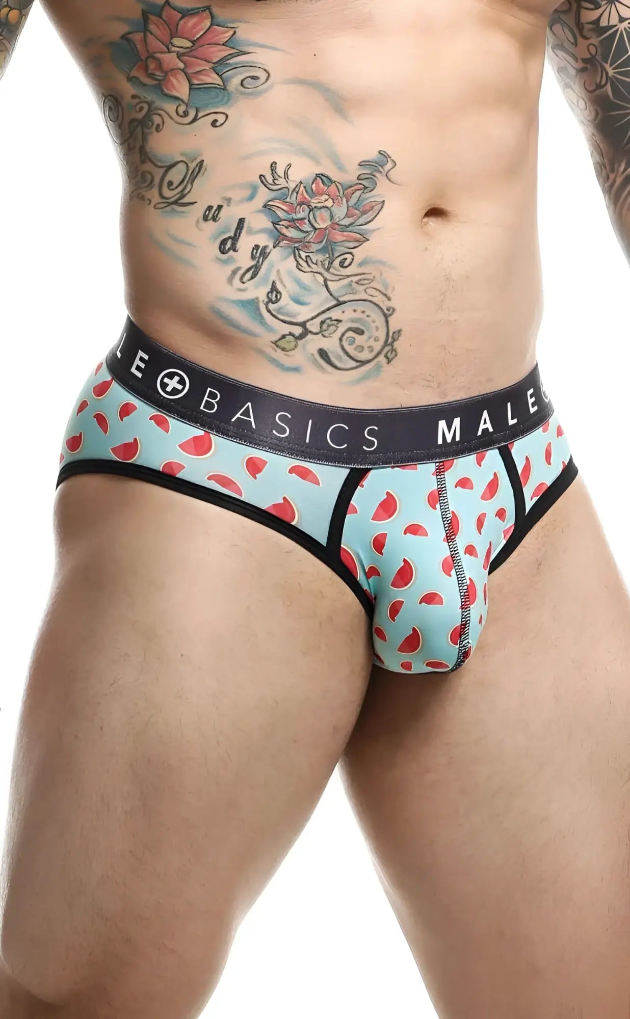 Malebasics brief sexy pouch light blue watermelon pattern men’s underwear with black trim and dark gray le basics male waistband