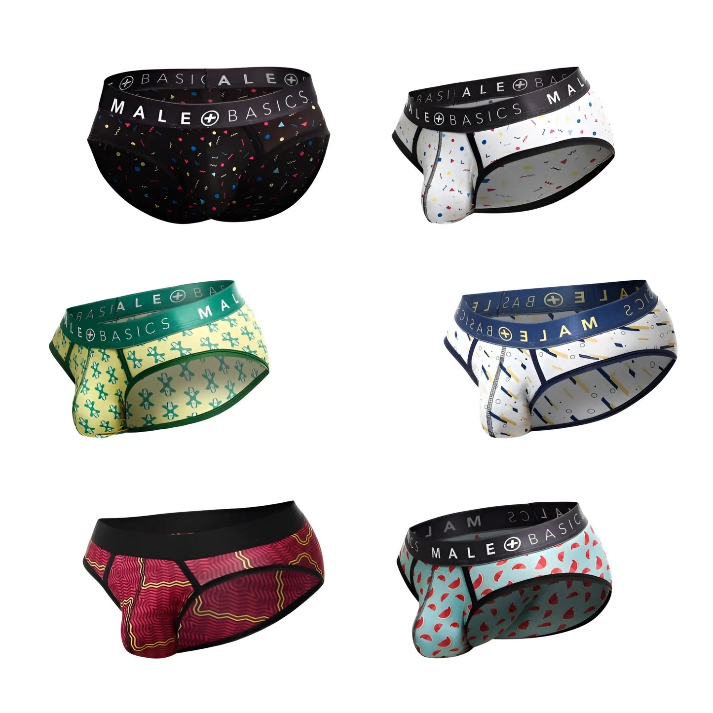 Malebasics brief sexy pouch men’s underwear in assorted colorful patterns featuring a supportive pouch design