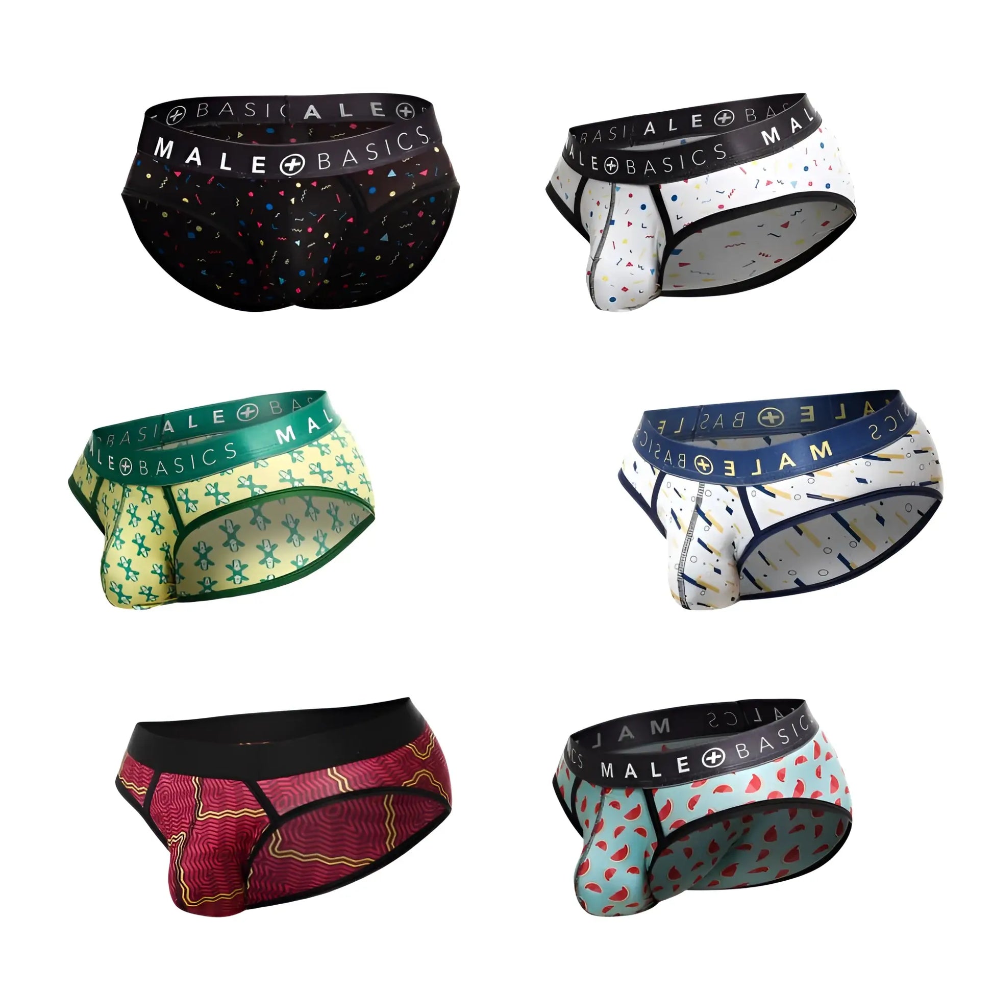 Malebasics brief sexy pouch men’s underwear in assorted colorful patterns featuring a supportive pouch design