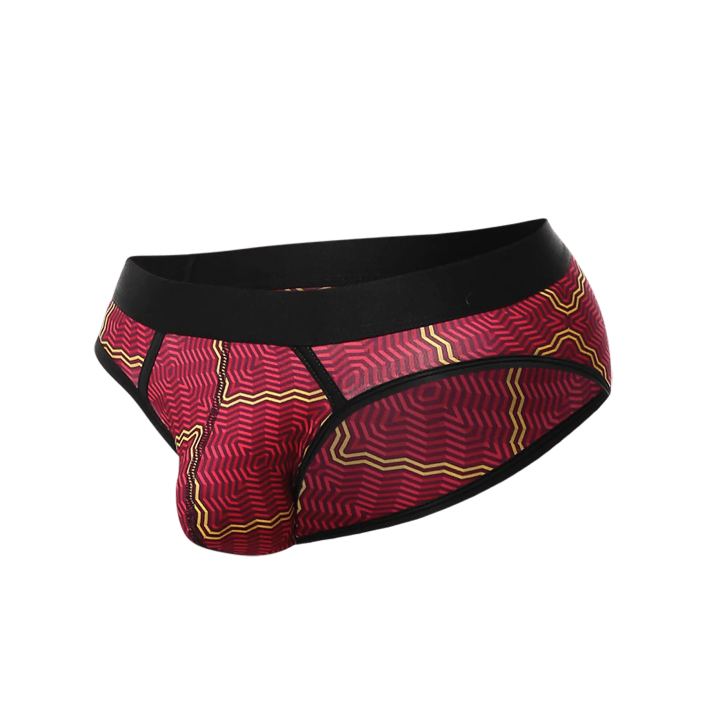 Malebasics brief sexy pouch red and gold geometric pattern briefs with black elastic waistband for men