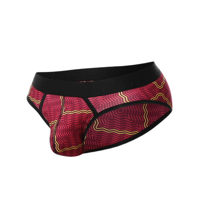 Malebasics brief sexy pouch red and gold geometric pattern briefs with black elastic waistband for men