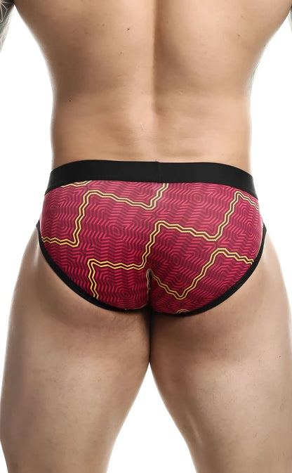 Malebasics Brief Sexy Pouch red and yellow geometric patterned briefs with black trim and sexy pouch design
