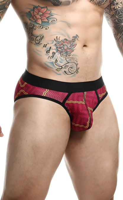 Malebasics brief sexy pouch vibrant red and yellow patterned briefs with black waistband for comfortable support