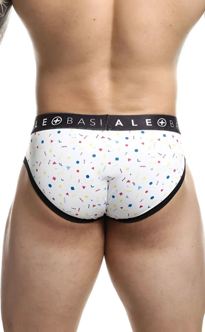 Malebasics brief sexy pouch white basiale briefs with multicolored confetti pattern and black trim