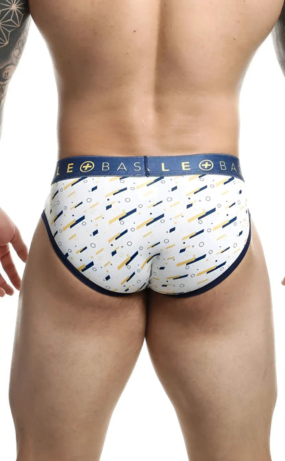Malebasics brief sexy pouch white men’s briefs with navy blue and gold geometric pattern and navy le basile waistband