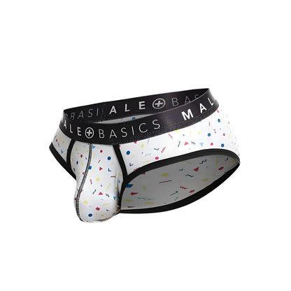 Malebasics brief sexy pouch white underwear with black basics logo waistband and colorful confetti pattern fabric