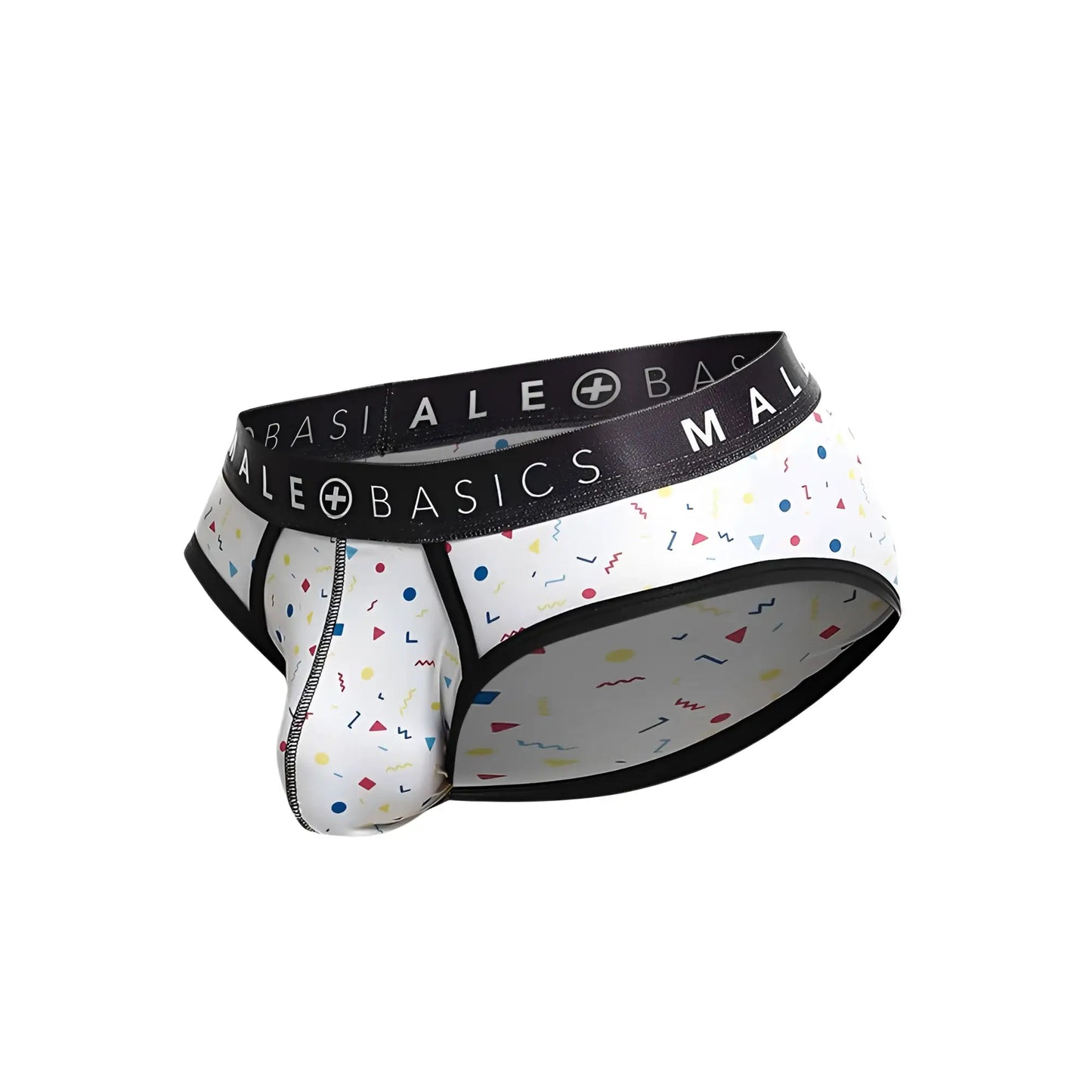 Malebasics brief sexy pouch white underwear with black basics logo waistband and colorful geometric confetti pattern