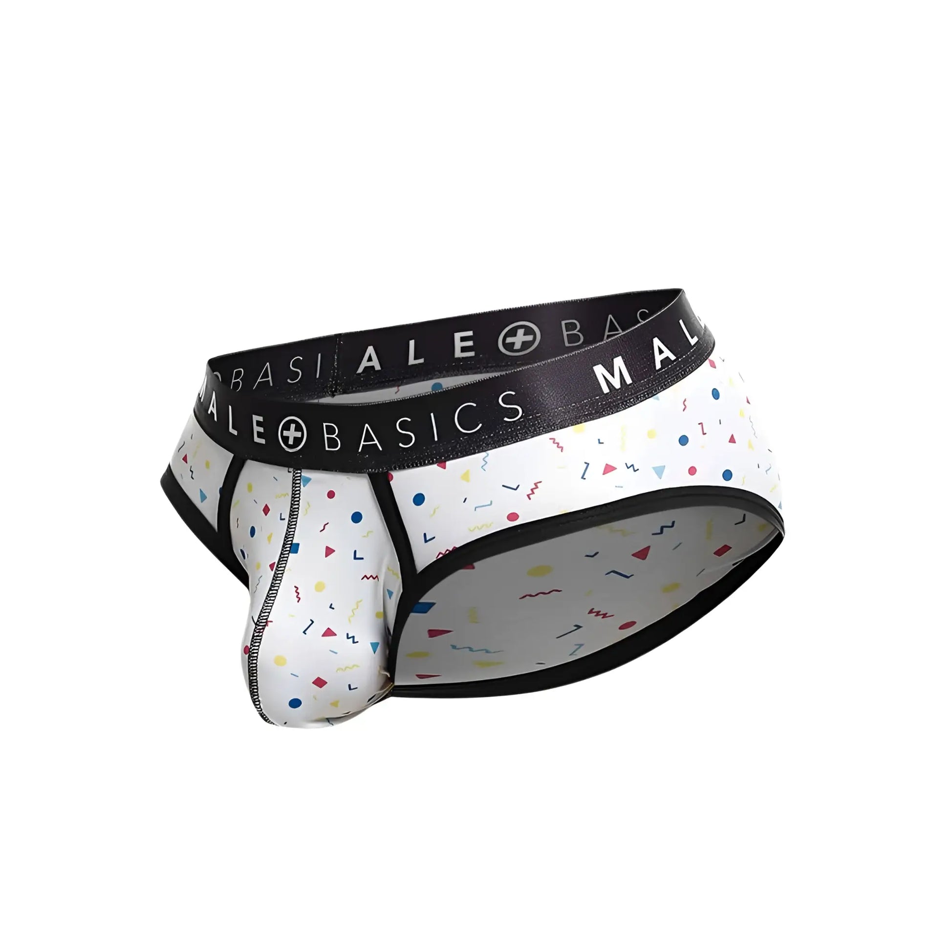 Malebasics brief sexy pouch white underwear with black basics logo waistband and colorful geometric confetti pattern