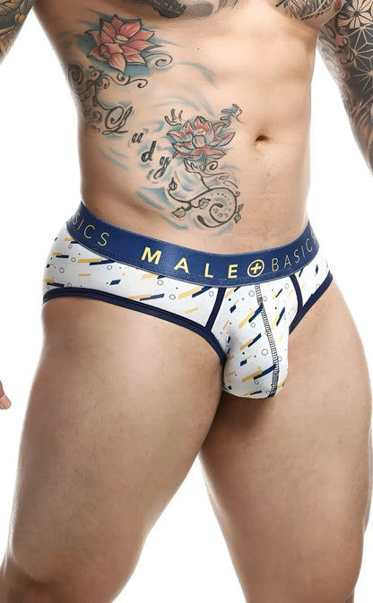 White and navy blue patterned mens briefs with a bold male basic waistband and a sexy pouch for comfort and support