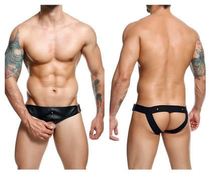 Black leather MaleBasics DMBL01 DNGEON cockring jockstrap with front closure and side straps