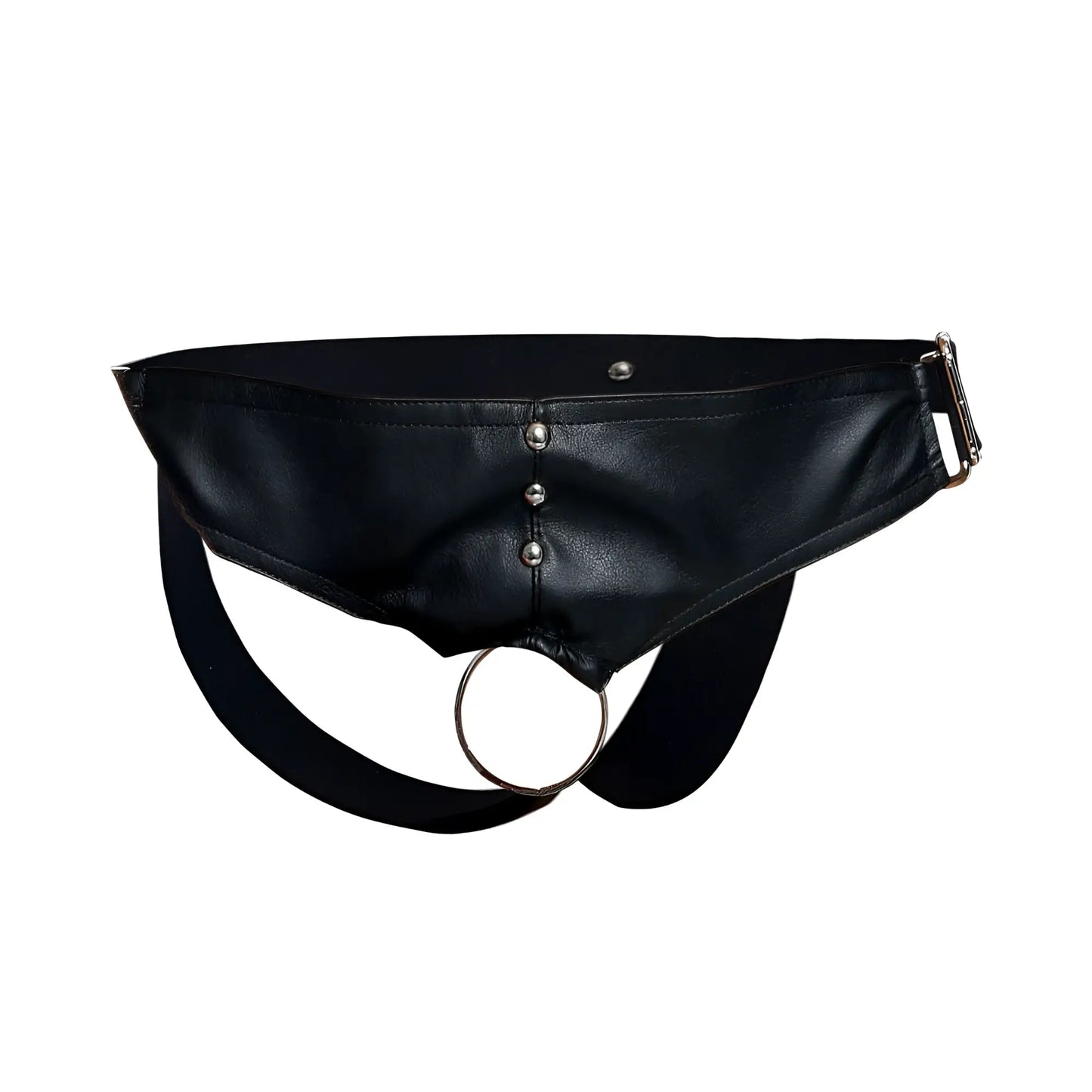 Malebasics dmbl01 dungeon black leather cockring jockstrap with silver metal ring and buckle harness