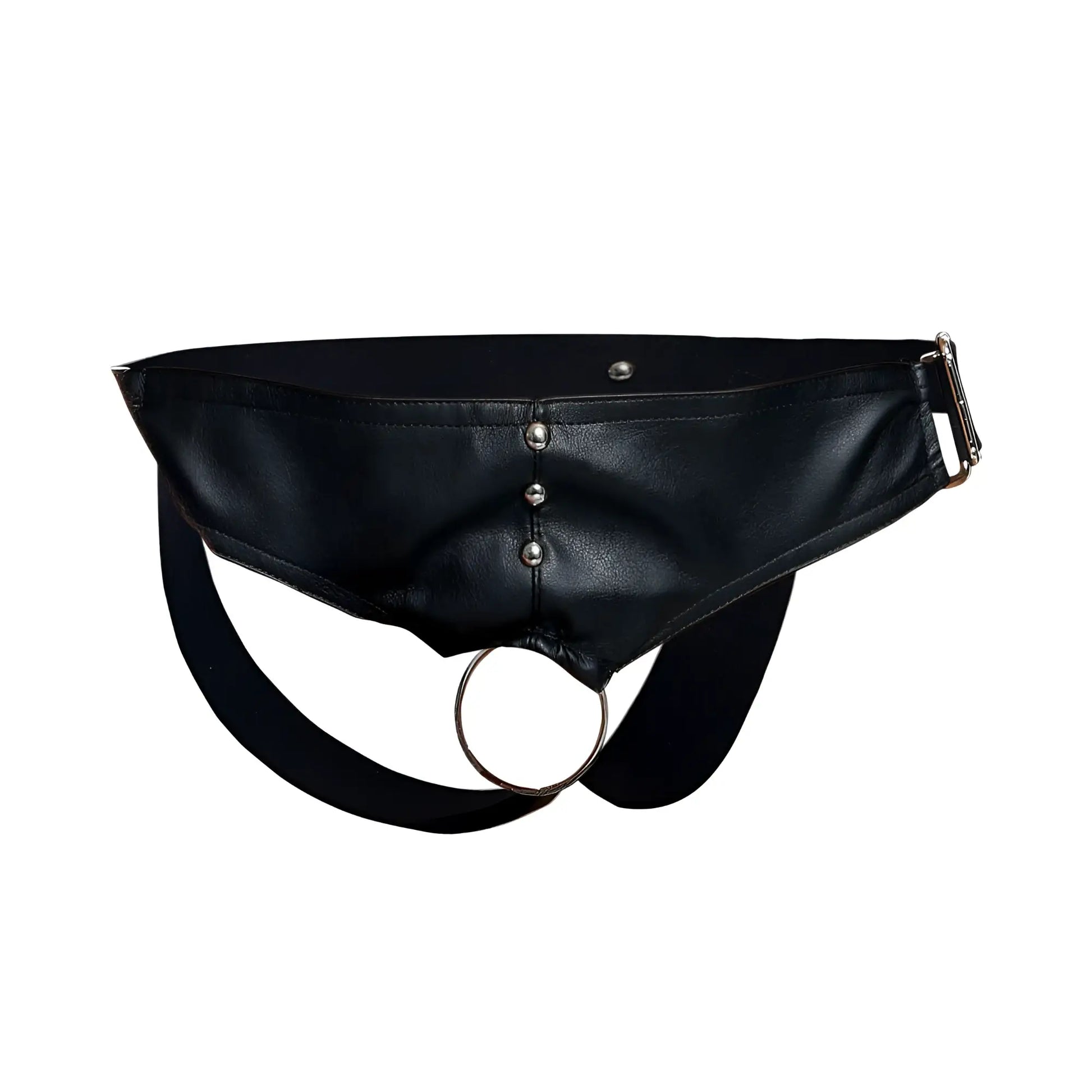 Malebasics dmbl01 dungeon black leather cockring jockstrap with silver metal ring and buckle harness
