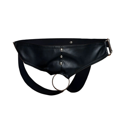 Malebasics dmbl01 dungeon black leather cockring jockstrap with silver metal ring and buckle harness