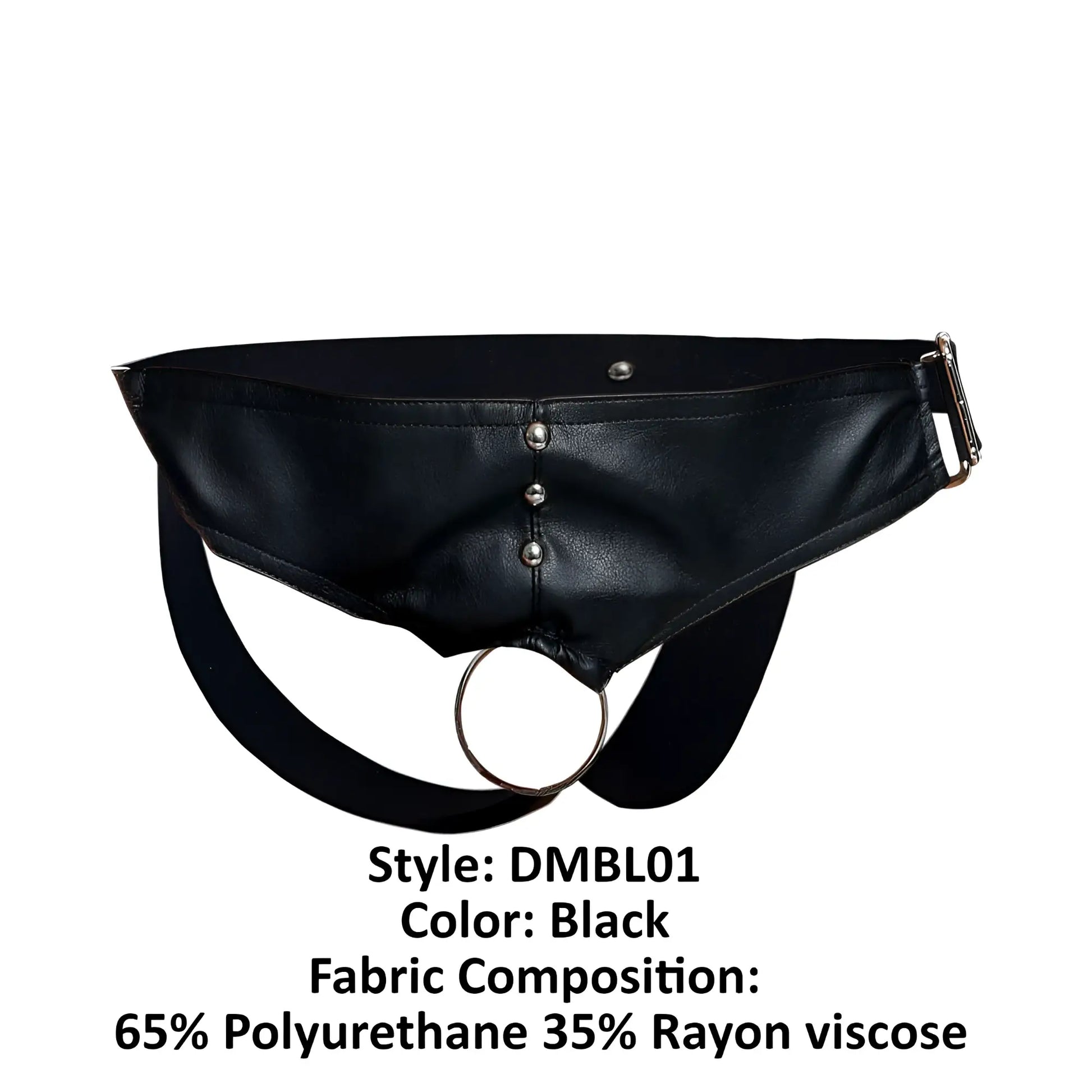 Black leather-like malebasics dmblo1 dngeon cockring jockstrap with central ring and silver-toned hardware