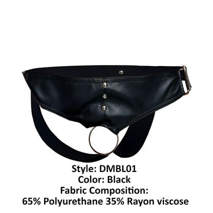 Black leather-like malebasics dmblo1 dngeon cockring jockstrap with central ring and silver-toned hardware