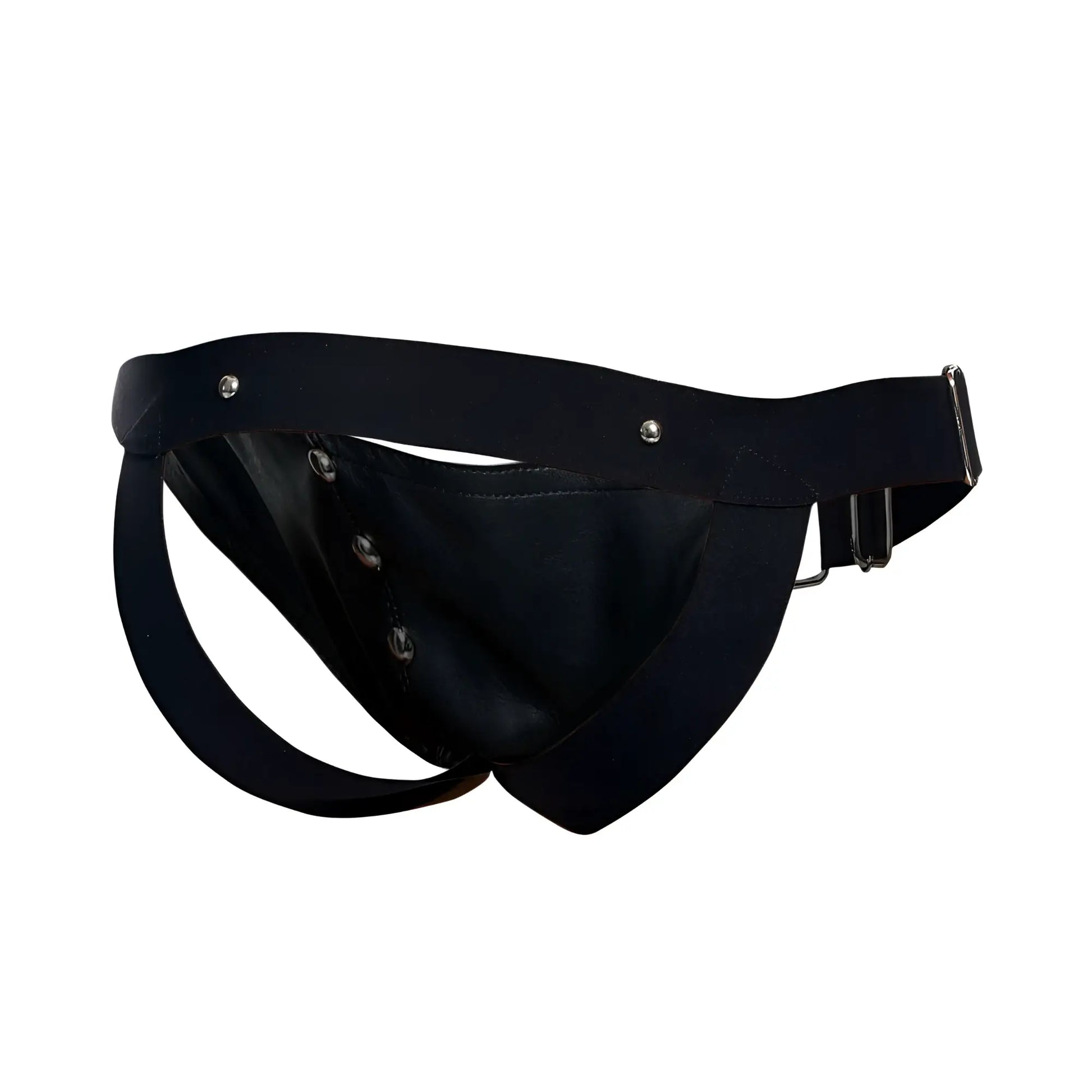 Black leather thong cockring jockstrap with silver metal hardware and adjustable strap by malebasics