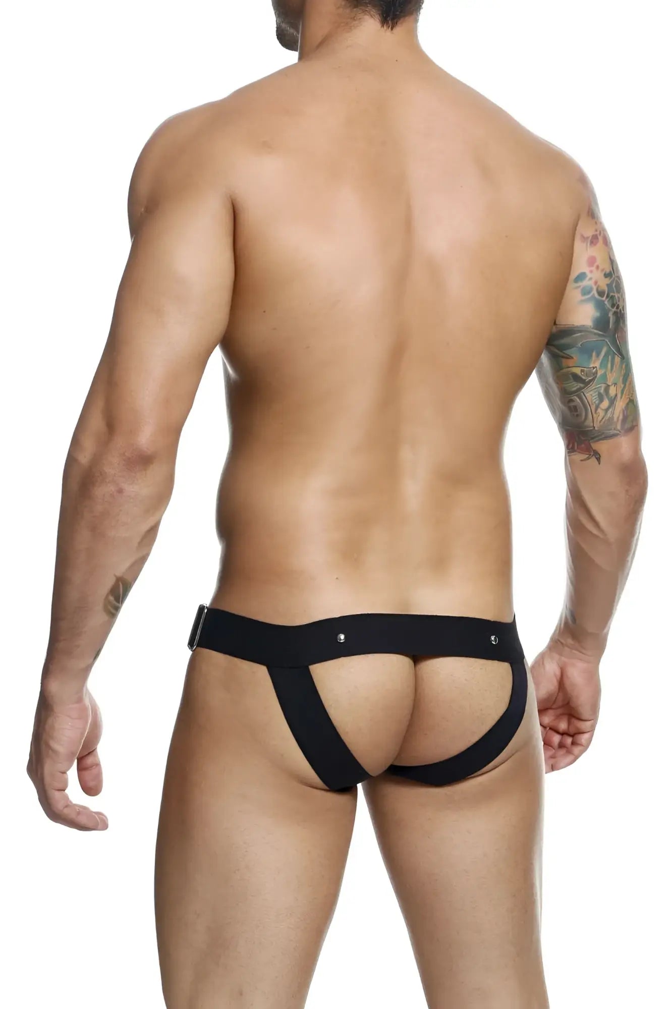Black malebasics dmbly01 dngeon cockring jockstrap back view with open-back briefs sleek waistband and adjustable straps