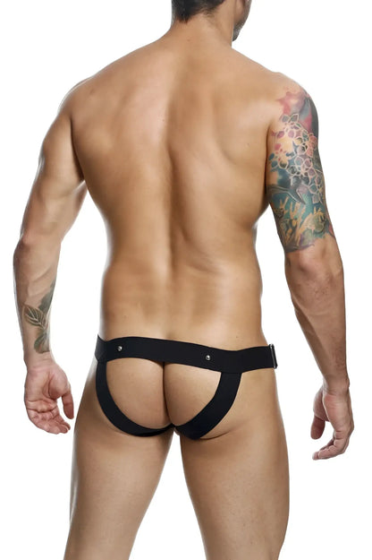 Black sleek form-fitting malebasics dmbly01 dngeon cockring jockstrap with contoured design in black