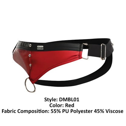 Malebasics dmblo1 dngeon cockring jockstrap in red with black leather-like harness belt and silver-toned metal hardware