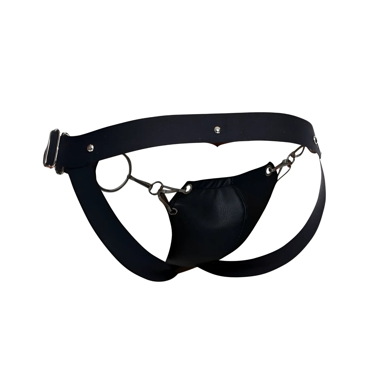 Malebasics dmblo3 dngeon black leather snap jockstrap with metal chain and buckle key features visible