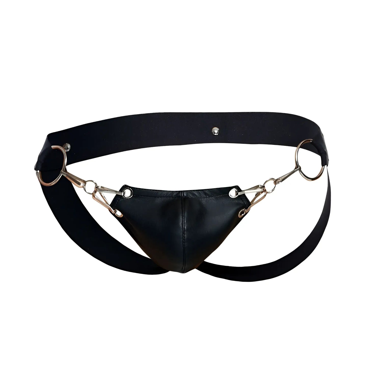 Malebasics dmblo3 dngeon snap jockstrap in black leather with metallic horsebit-style hardware front view