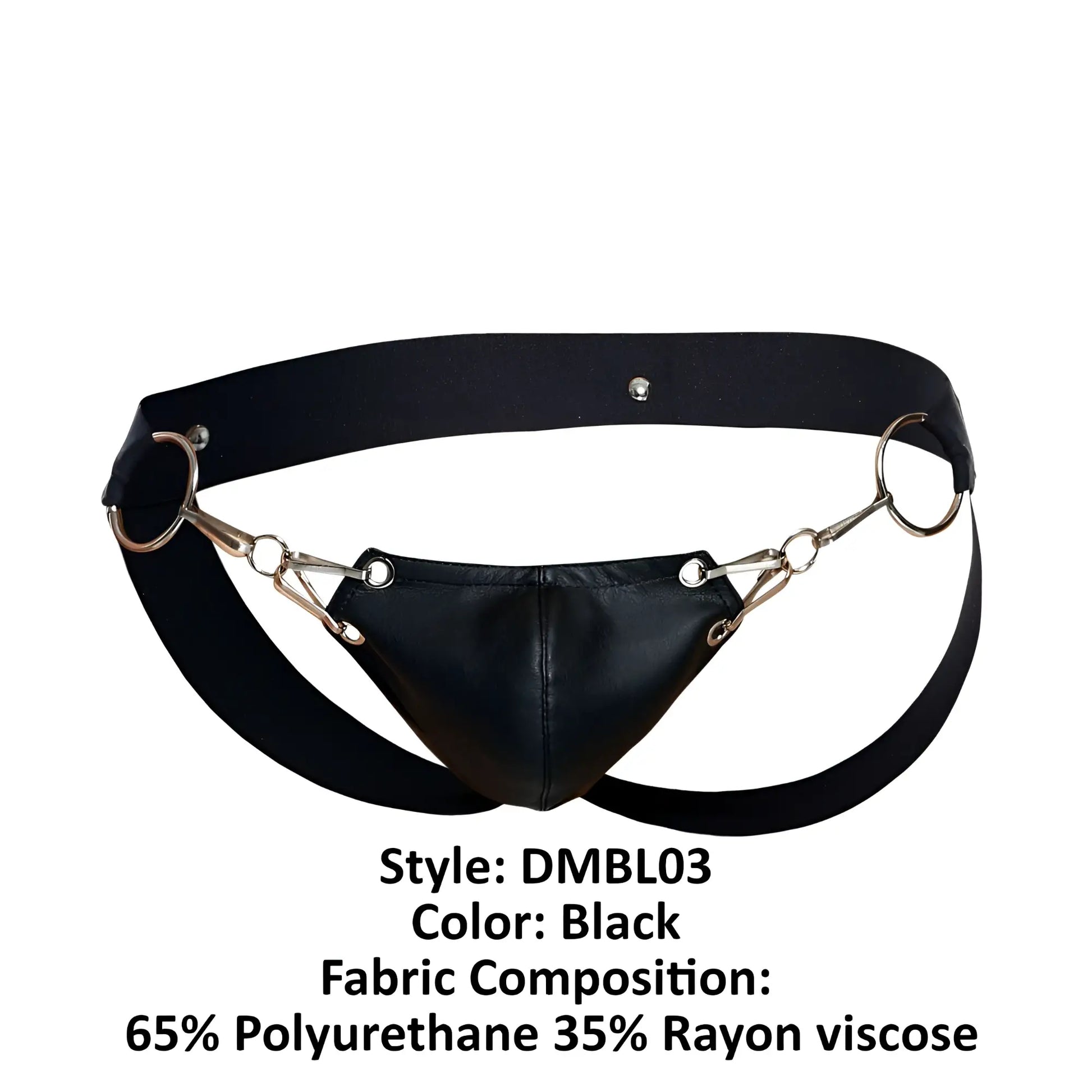Malebasics dmblo3 dngeon snap jockstrap in black featuring black leather-like harness with metallic horsebit-style hardware