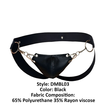 Malebasics dmblo3 dngeon snap jockstrap in black featuring black leather-like harness with metallic horsebit-style hardware