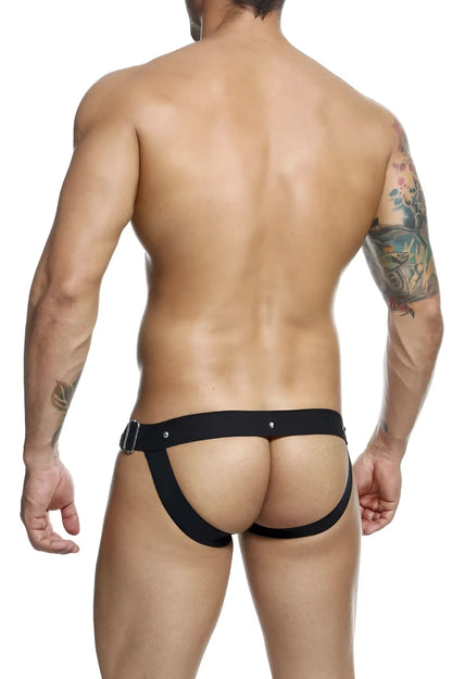 Malebasics dnble03 dngeon black leather-like harness briefs with silver buckle and rivets for men