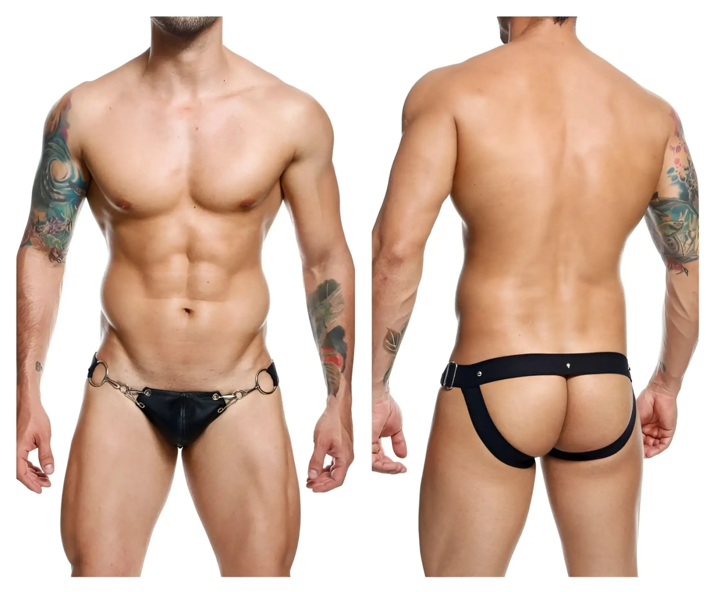Black leather maleBasics DMBL03 dungeon snap jockstrap with metallic ring and buckle accents front view