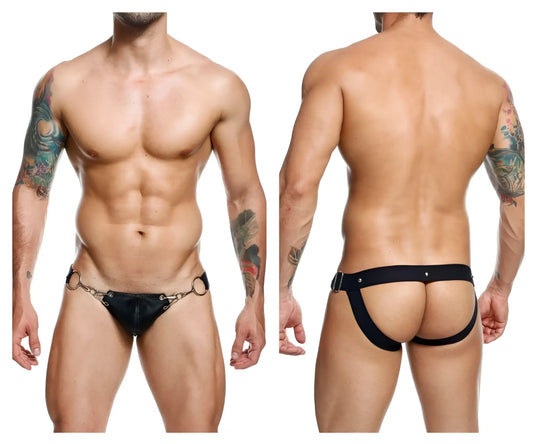 Black leather maleBasics DMBL03 dungeon snap jockstrap with metallic ring and buckle accents front view