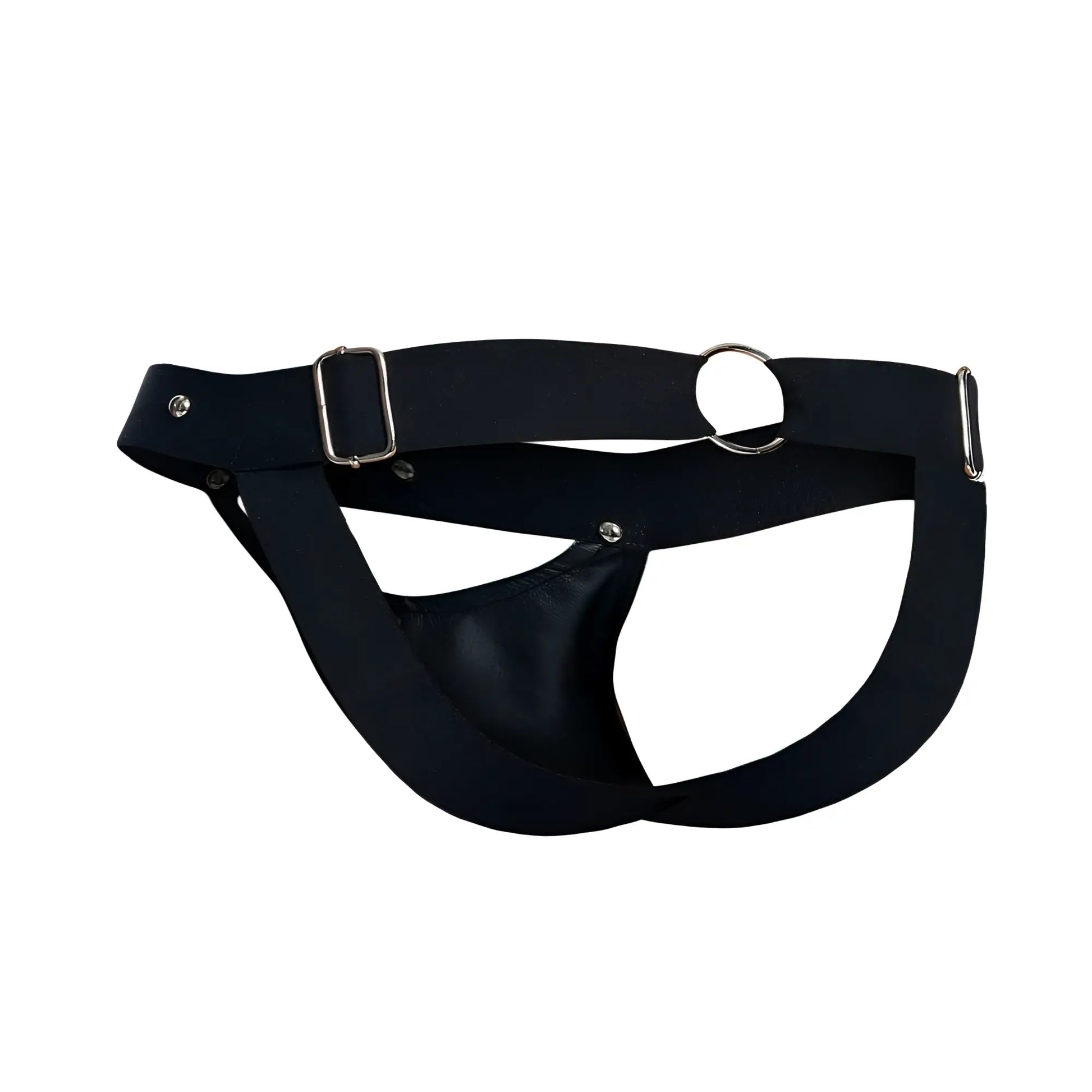 Malebasics dmbl04 dngeon peakaboo jockstrap in black leather with silver buckle and ring shown from the back side