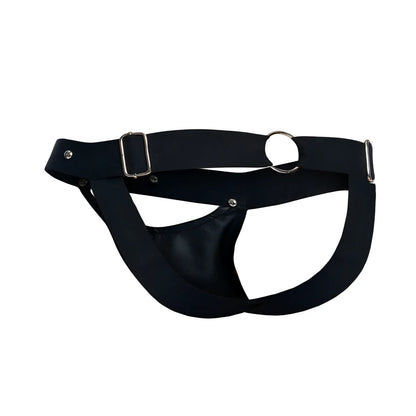 Malebasics dmbl04 dngeon peakaboo jockstrap in black leather with silver buckle and ring shown from the back side