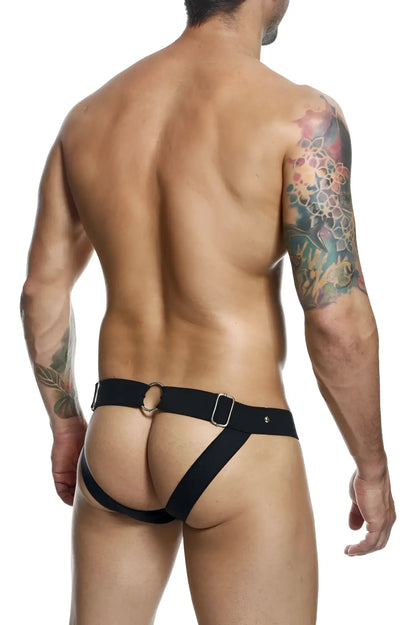 Black leather-like harness-style male underwear with central ring and metal buckle by malebasics dmbL04 dNGEON