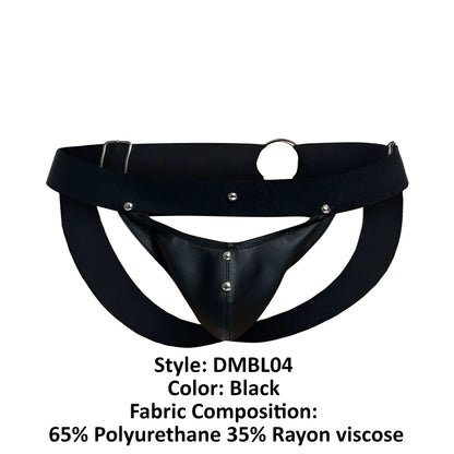 Malebasics dmblo4 dngeon peakaboo jockstrap black leather-like briefs with supportive design and silver metal hardware