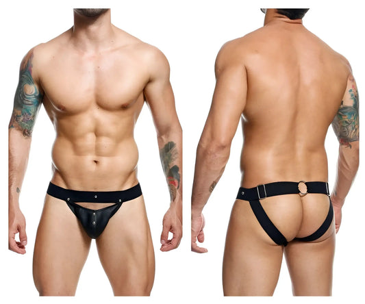 Black leather thong malebasics dmble04 dngeon peakaboo jockstrap with adjustable straps and metal buckle