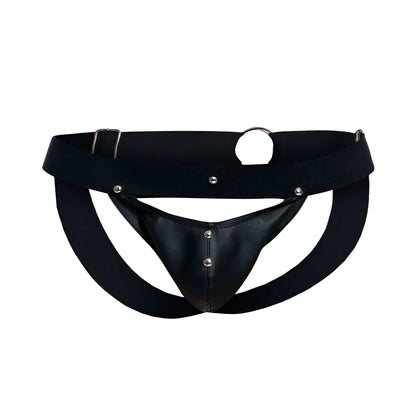 Black leather malebasics dmbL04 dnGEon peakaboo jockstrap with adjustable elastic waistband and silver metal hardware