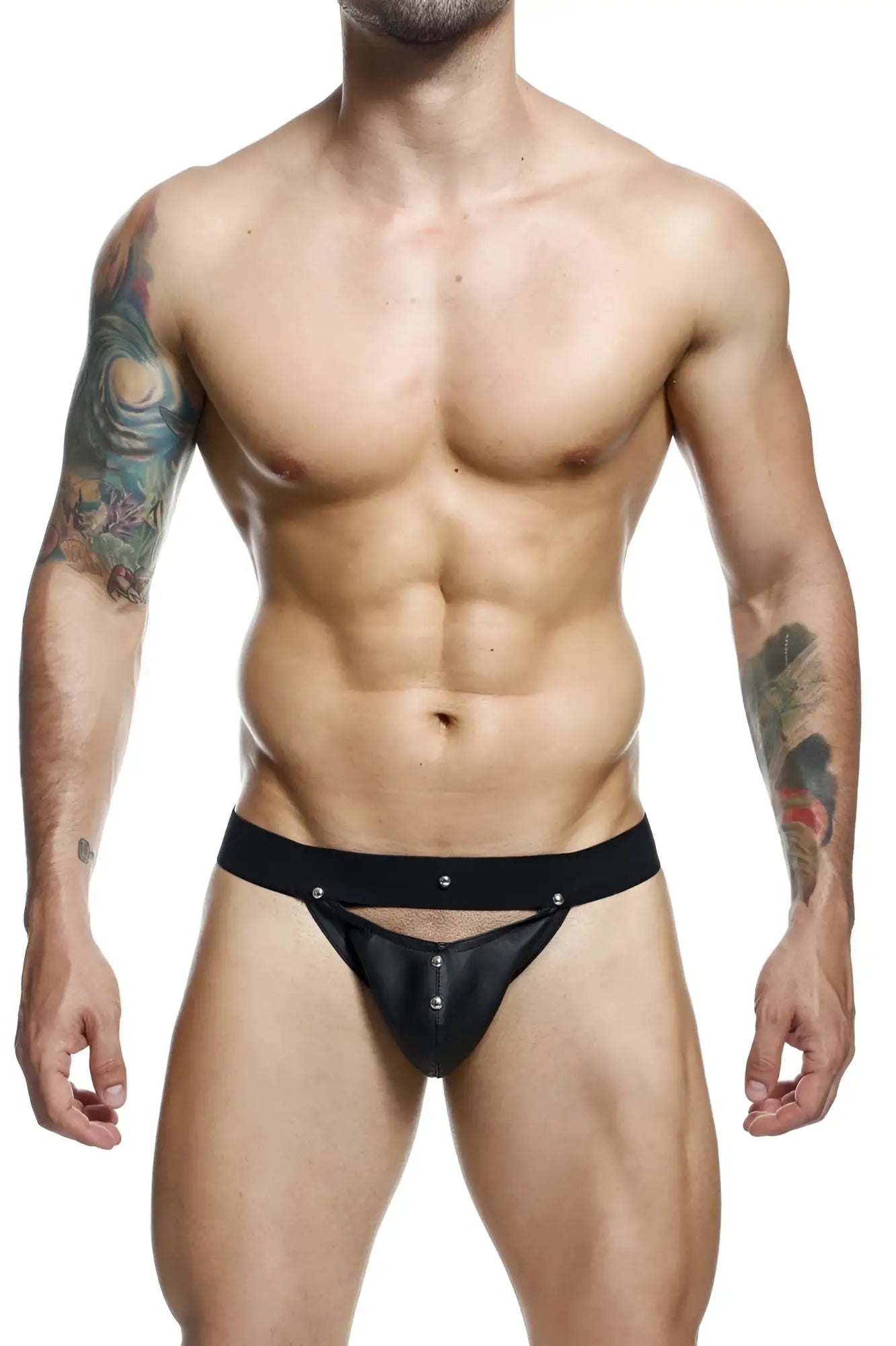 Malebasics dmbl04 dngeon black leather thong jockstrap with silver studs and wide waistband front view