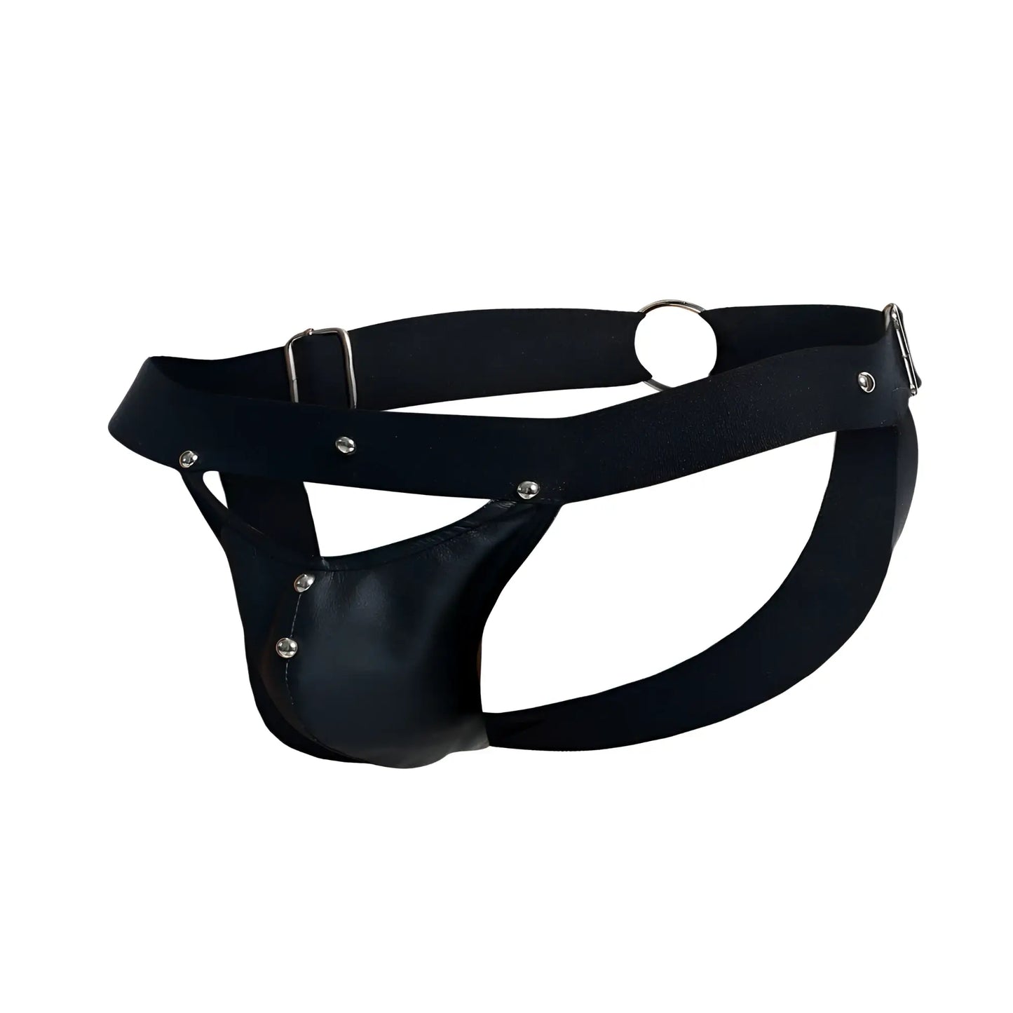 Black leather thong with silver metal hardware and adjustable straps from malebasics dmbl04 dngeon peakaboo jockstrap