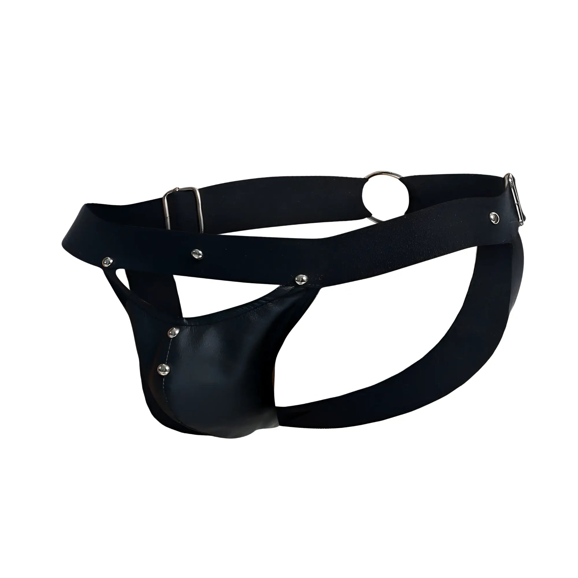 Black leather thong with silver metal hardware and adjustable straps from malebasics dmbl04 dngeon peakaboo jockstrap