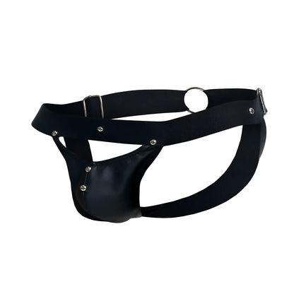 Black leather thong with silver metal hardware and adjustable straps from malebasics dmbl04 dngeon peakaboo jockstrap