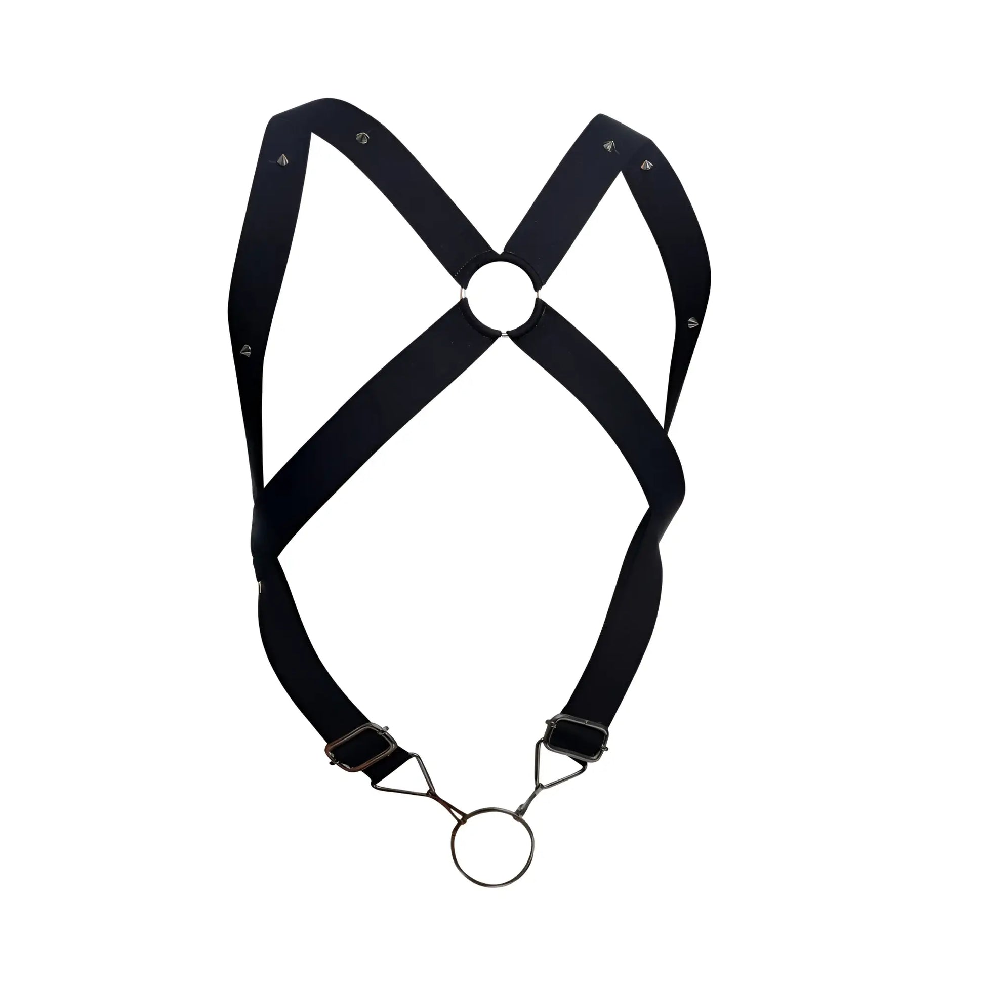 Malebasics dmblo5 dngeon crossback harness black leather with adjustable straps and central metal ring visible from back