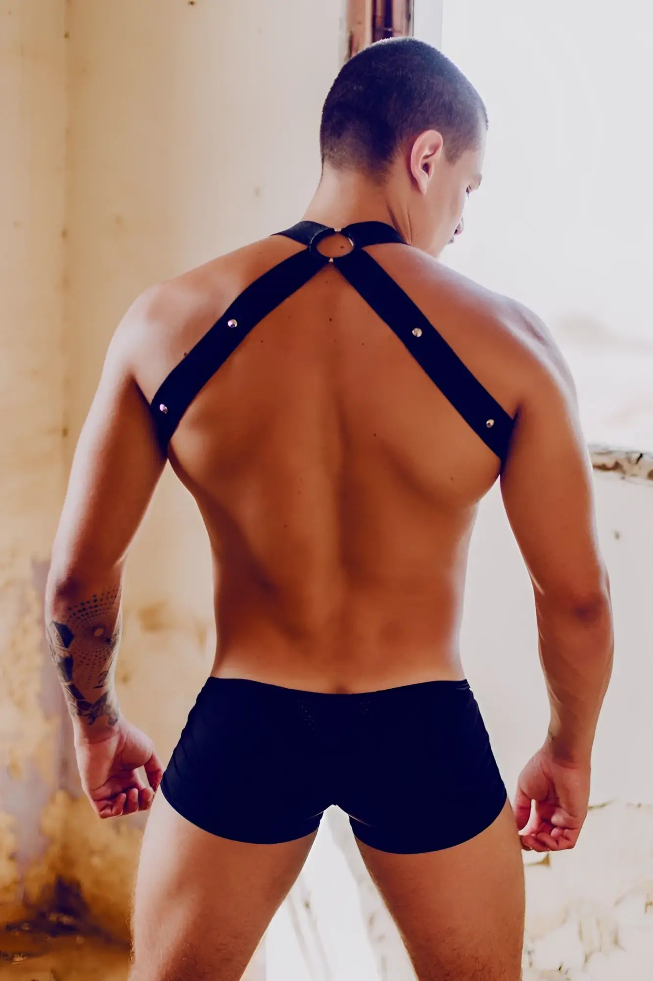 Malebasics dmbl05 dngeon crossback black leather harness with silver hardware and central circular buckle