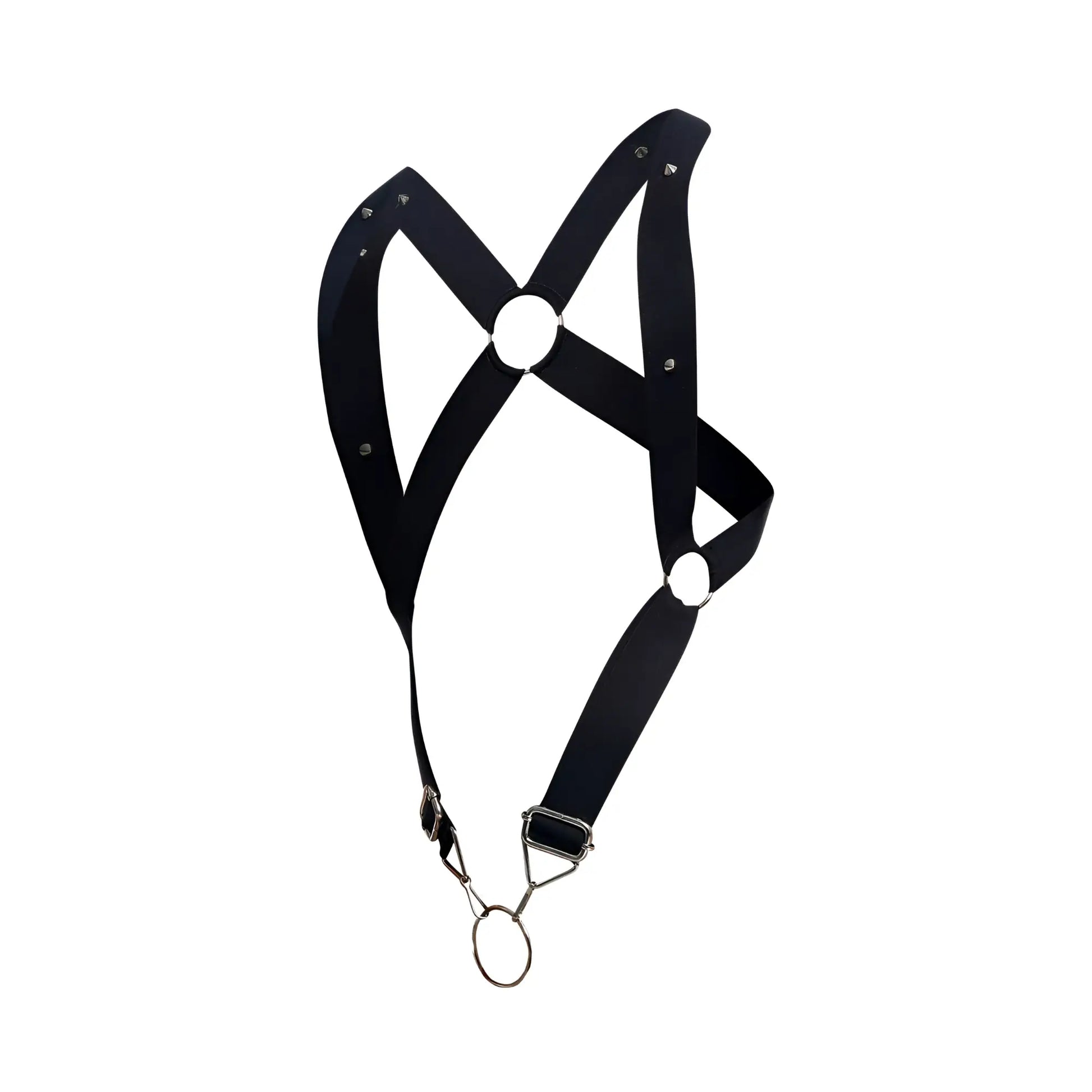 Malebasics dmble05 dngeon crossback harness in black leather with silver metal hardware and adjustable straps back view