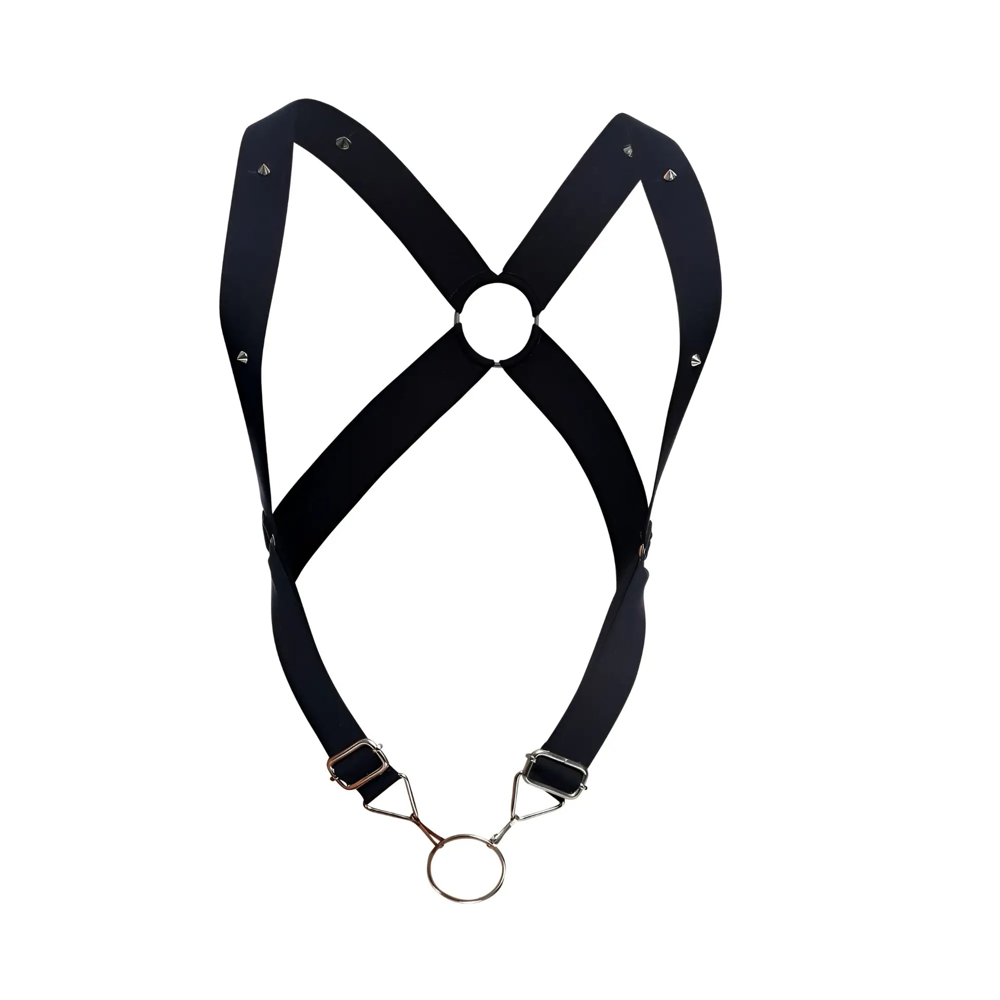 Malebasics dmblo5 dngeon black leather crossback harness with silver metal hardware and central circular ring