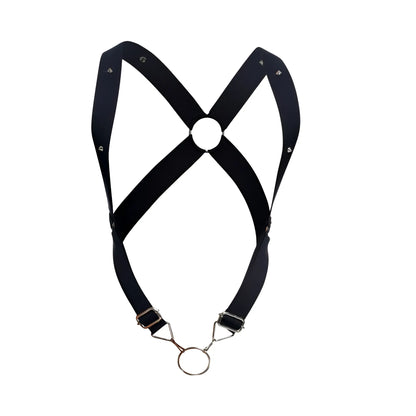 Malebasics dmblo5 dngeon black leather crossback harness with silver metal hardware and central circular ring