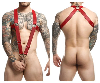 Red leather crossback harness with metal rings and buckles in cherry color by malebasics dmblo5 dngeon