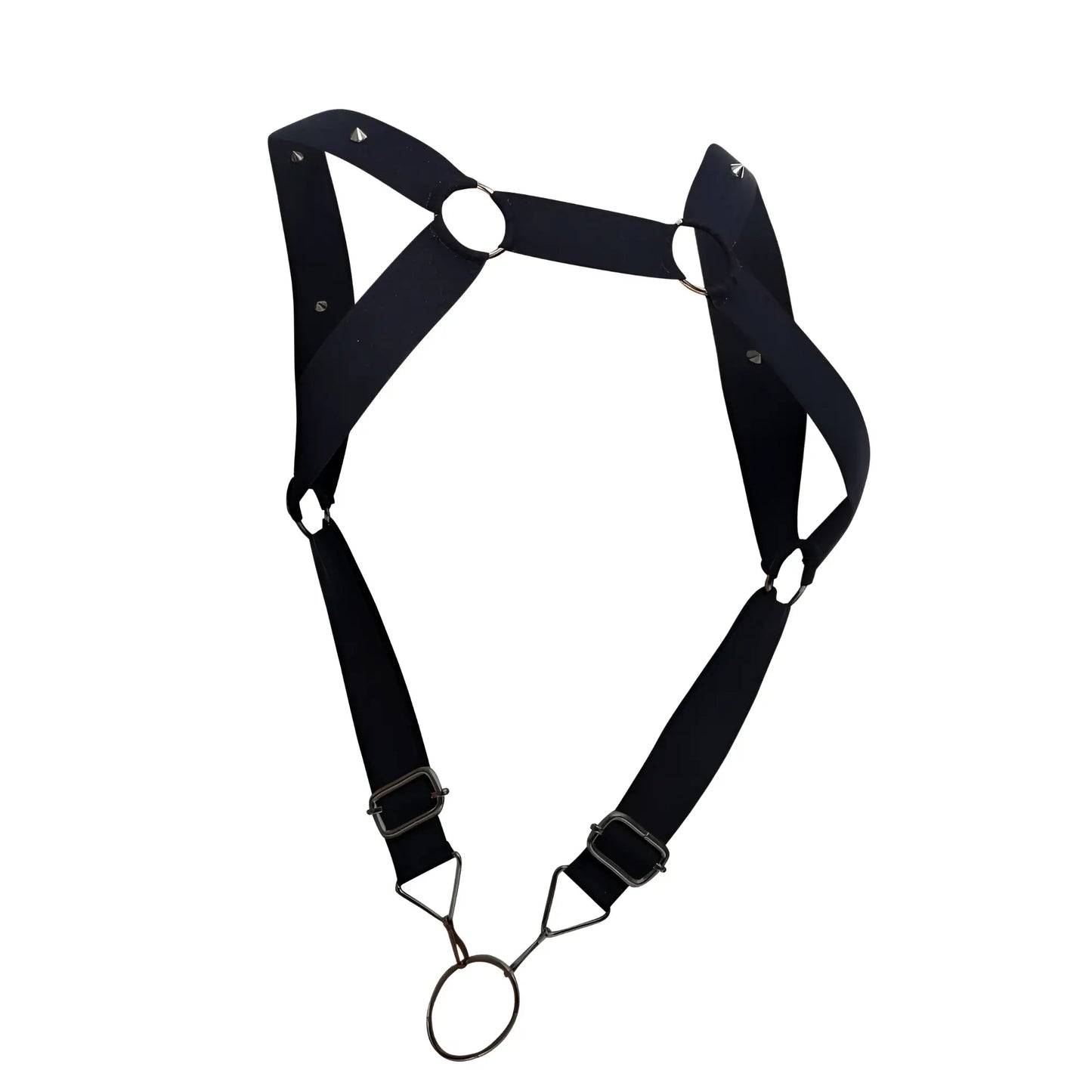 Malebasics dmbL06 dngeon straight back harness in black fabric with metal rings and buckles shown from back side