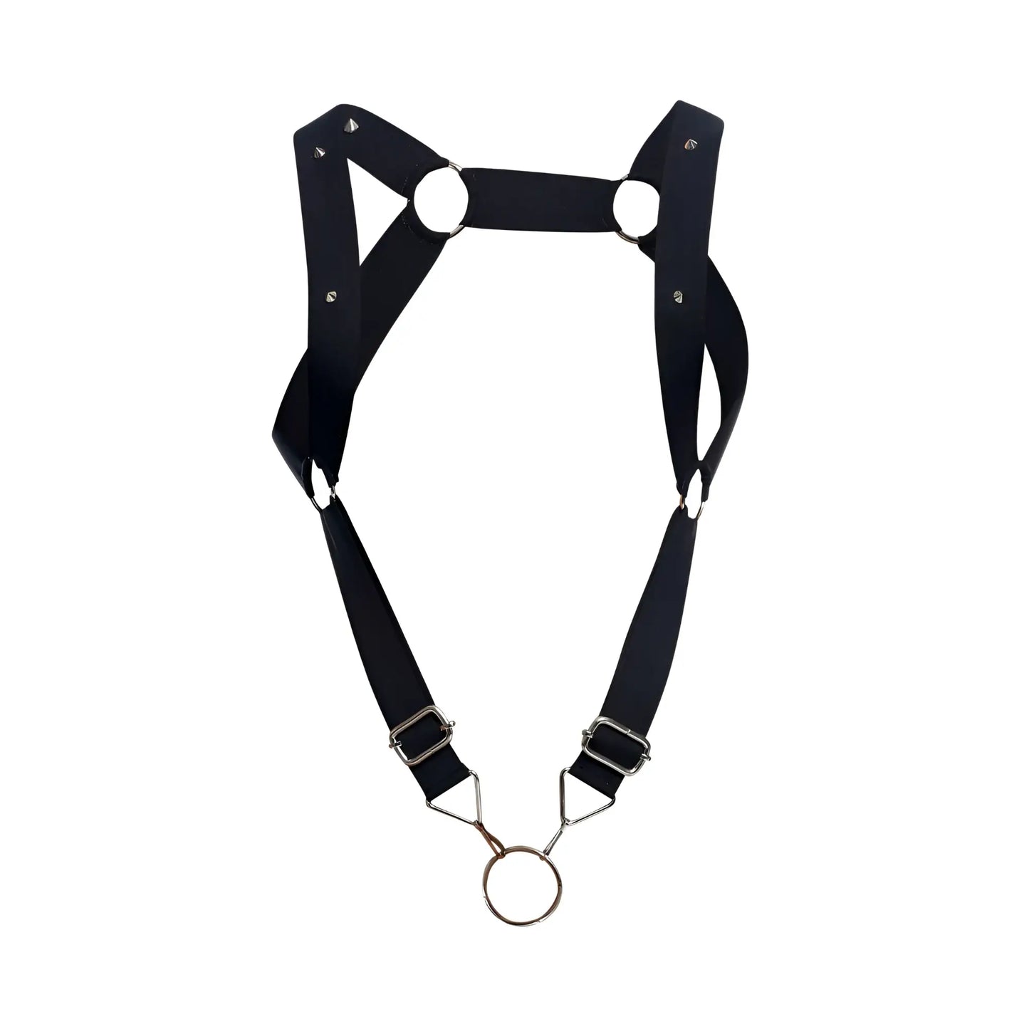 MaleBasics DMBL06 DNGEON black leather harness with silver metal rings and triangular buckles shown from the back side