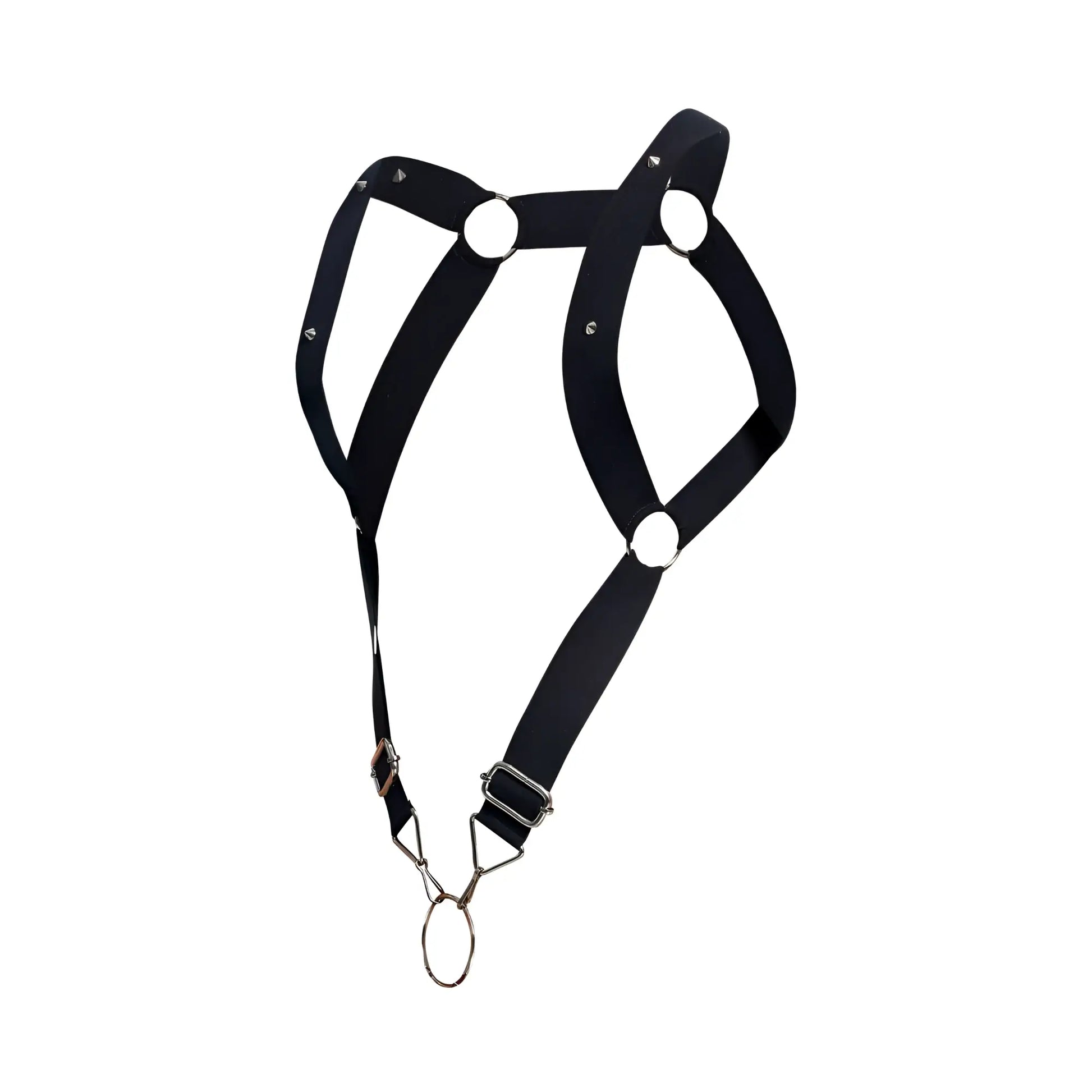 Malebasics dmble06 dngeon straight back harness in black leather with silver metal rings and buckles shown from back